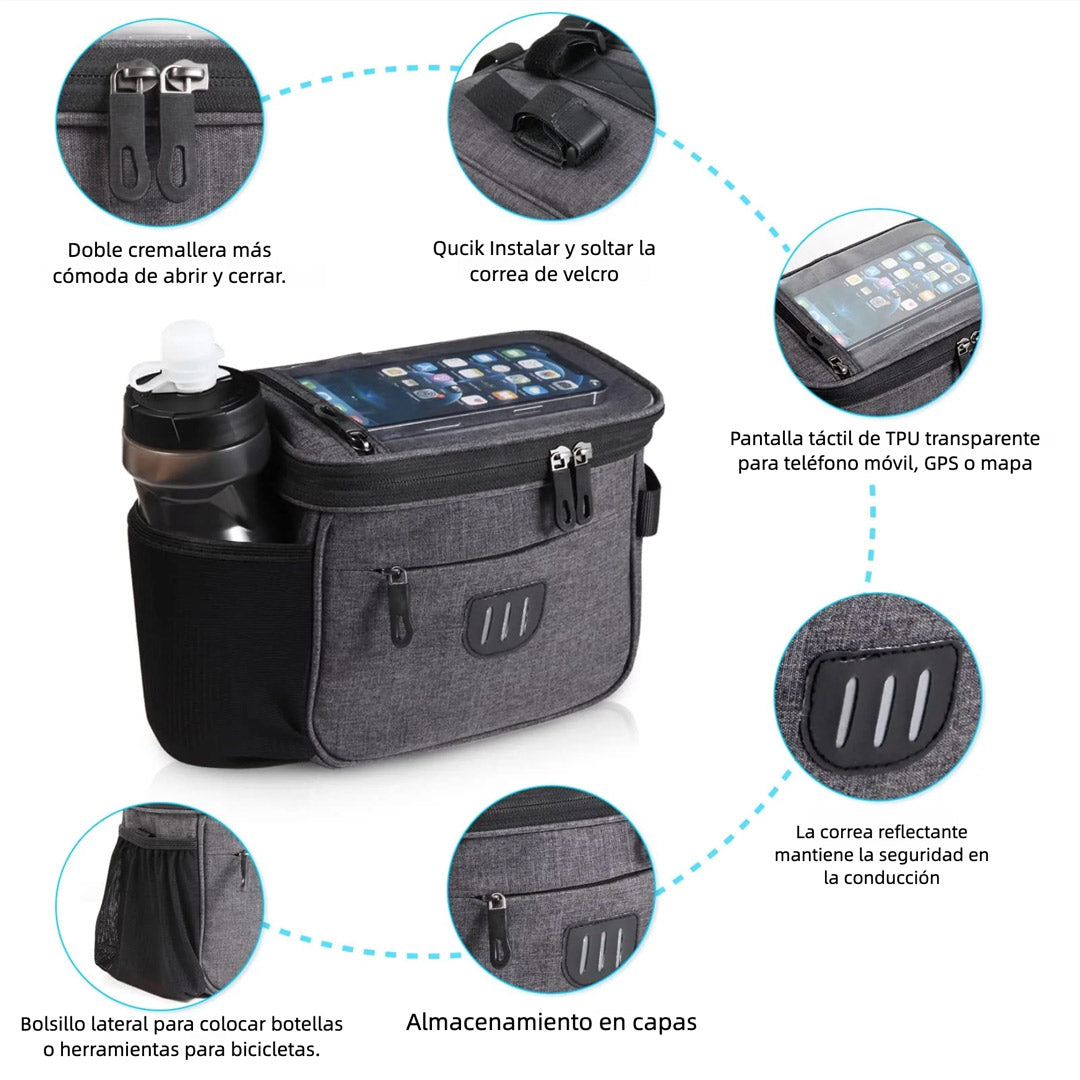 Bolsa de Manillar para Bicicleta con Pantalla Táctil 6.5” y Correa – Alforja Frontal Impermeable de Gran Capacidad - AH015