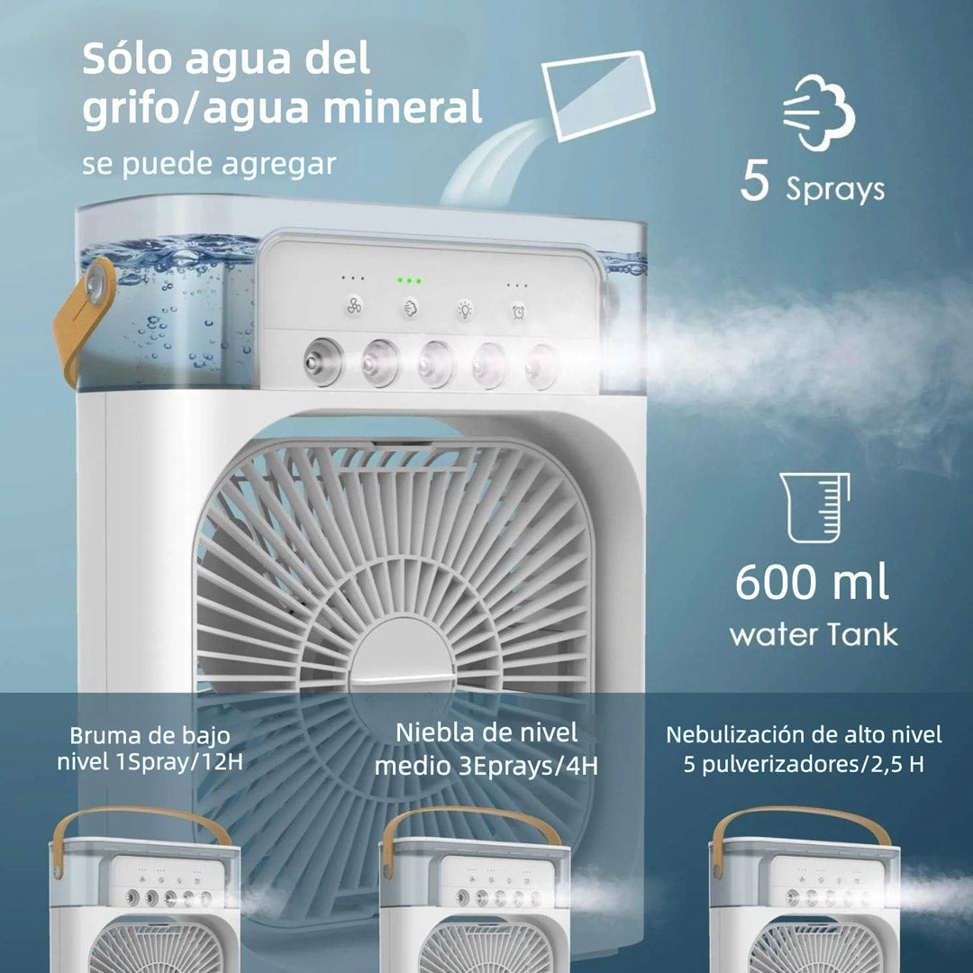 Ventilador de Aire Portátil con Enfriamiento por Evaporación – Mini Enfriador con 7 Luces LED, Temporizador y 3 Velocidades para Escritorio o Mesita - VM010
