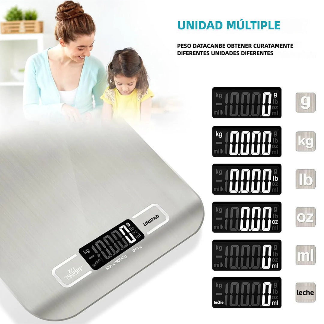 Báscula Digital de Cocina 10kg/22lb Blanca, Precisión 1g/0.04oz para Repostería, Cocina y Dieta, Superficie de Acero Inoxidable Fácil de Limpiar - EC001