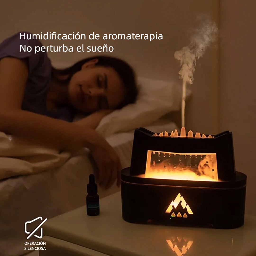 Difusor de Aceites Esenciales con Simulador de Lluvia y Luz de Llama – 300ml con Sonido Relajante, Temporizador y Control Remoto - MA006
