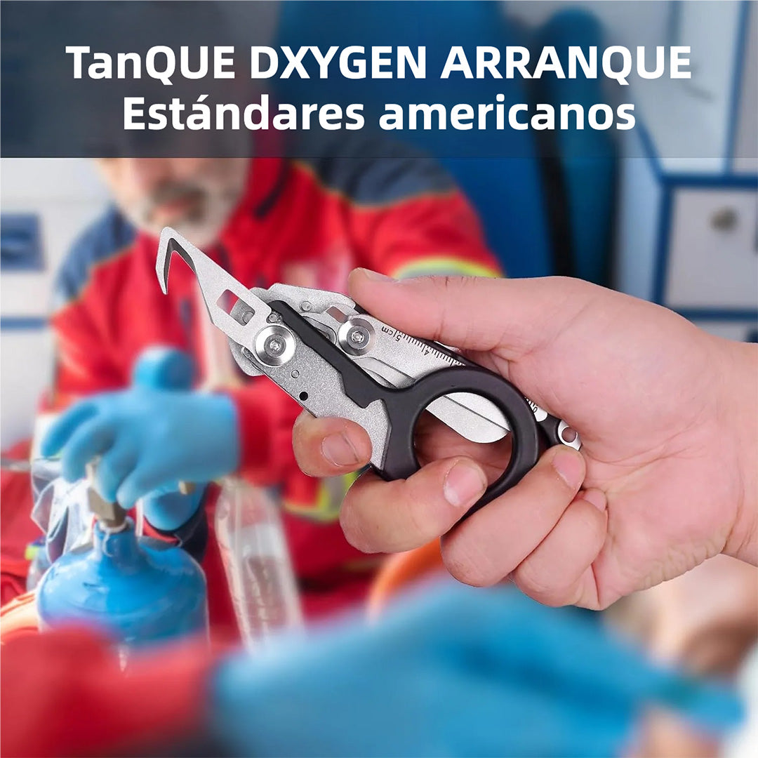 Tijeras de Emergencia 6 en 1 Plegables para Camping y Herramientas de Rescate con Cortador y Rompevidrios - Herramienta Multifuncional para Primeros Auxilios, Incluye Estuche de Piel - HM004