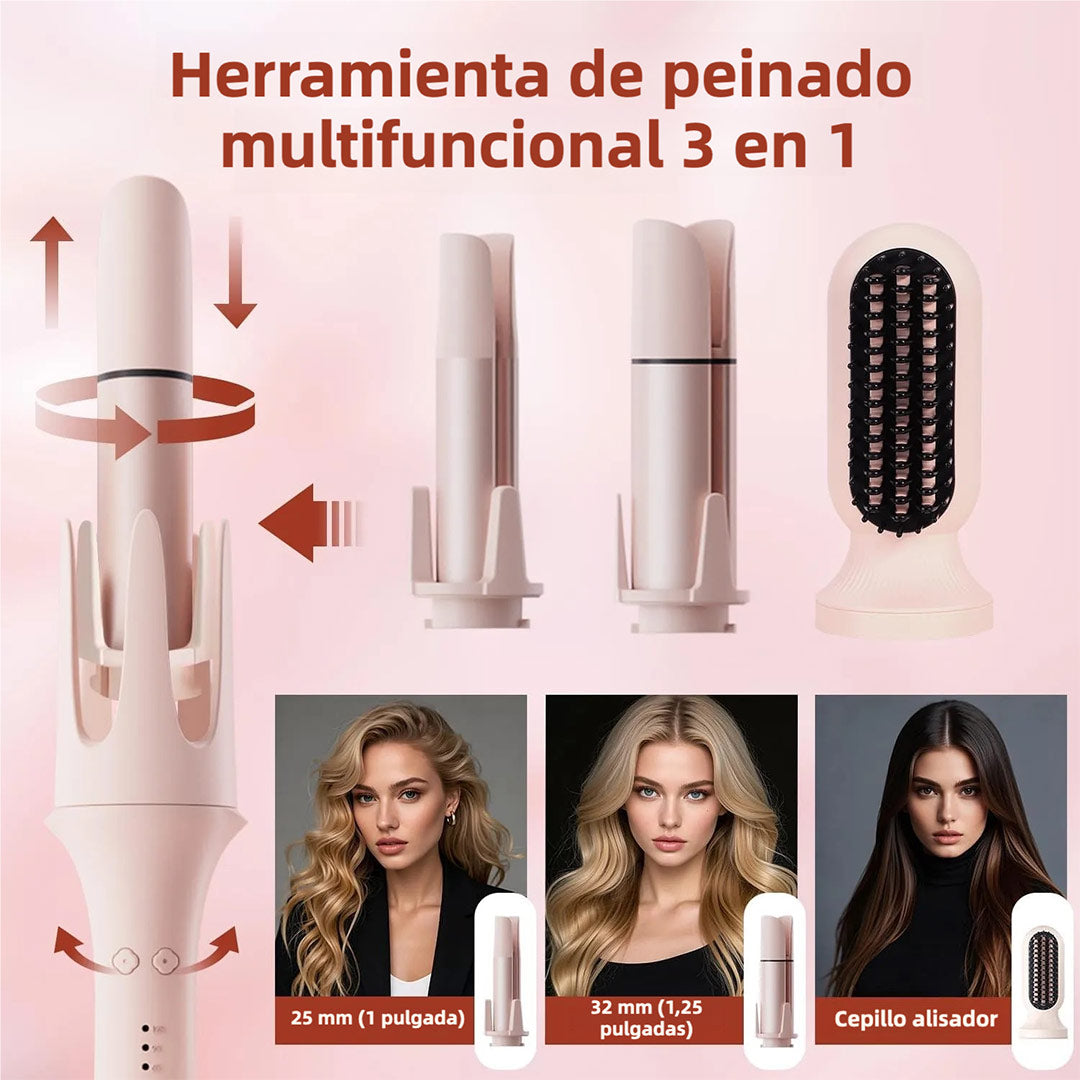 Herramienta Multifuncional 3 en 1, Rizador Automático con 2 Barriles de Cerámica (1", 1.25") y Cepillo Alisador, Plancha y Rizador de Cabello con 3 Temperaturas, Temporizador y 300000+ Iones Negativos SE006
