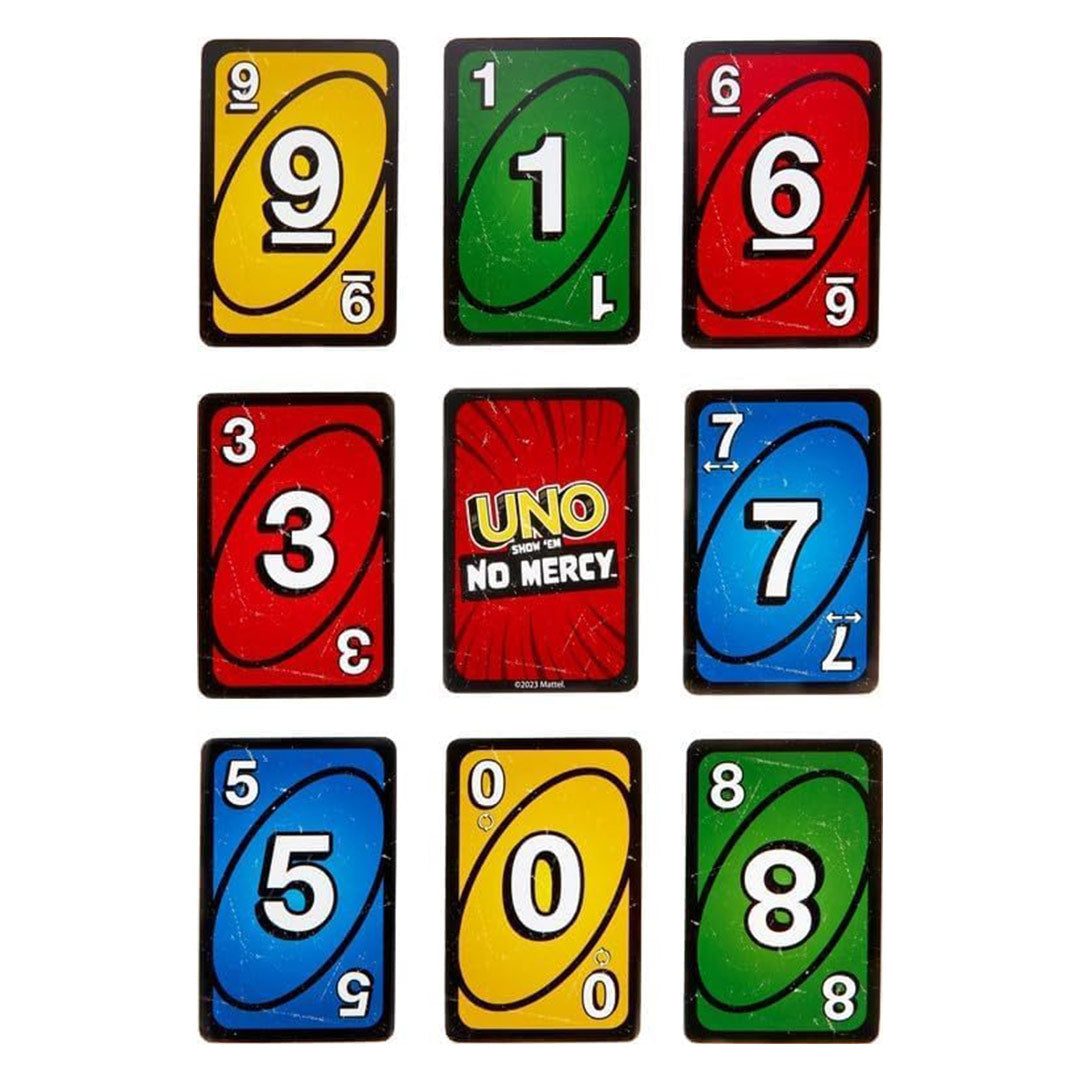 UNO Show 'em No Mercy – Edición Más Brutal del Clásico Juego de Cartas, Reglas Especiales y Cartas de Acción Extremas, Diversión para Niños y Adultos – JC001
