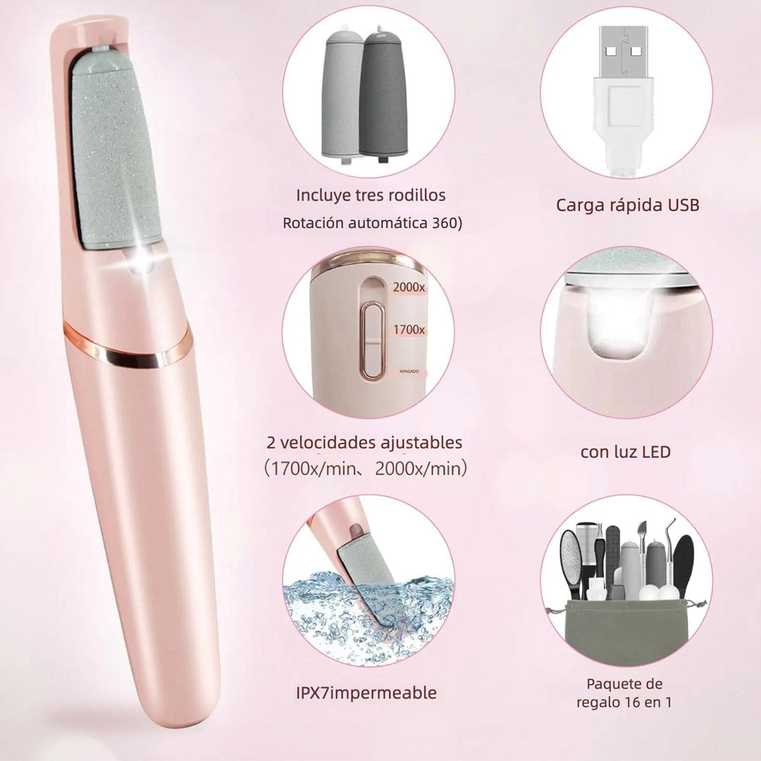 Removedor de Callos Eléctrico Recargable con Kit de Pedicura 12 en 1 – Lima para Pies con 2 Velocidades y Cabezas Intercambiables - MC007