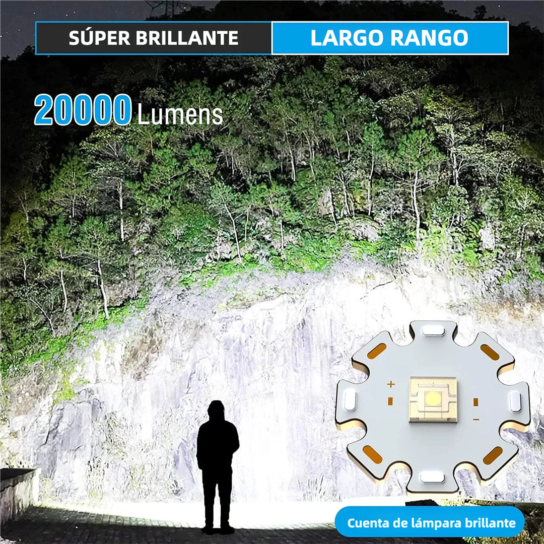 Linterna LED Táctica de Alta Potencia - Recargable USB, Impermeable IPX4, Ajuste de Zoom, 20,000 Lúmenes - HE003