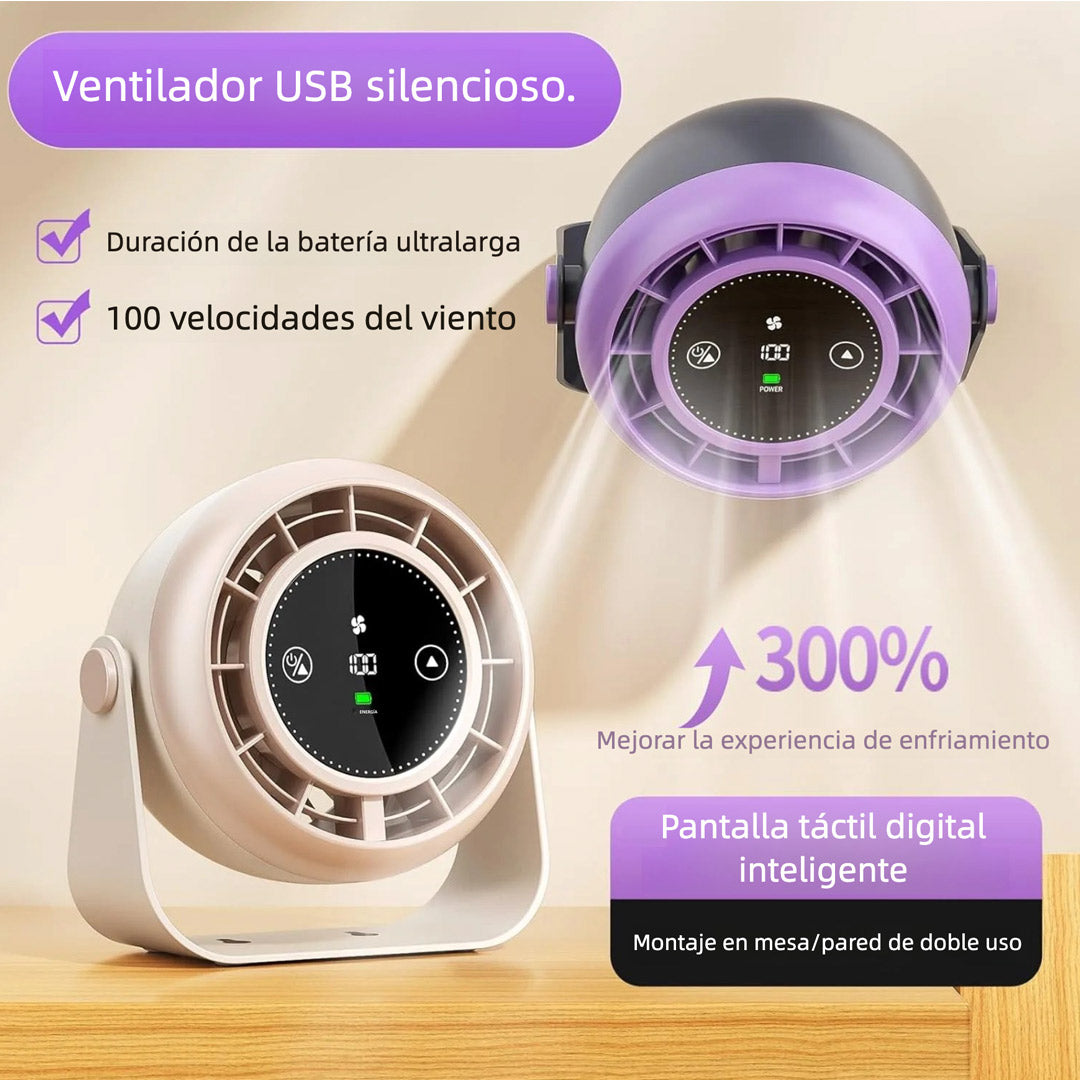 Ventilador USB de Escritorio Recargable con Pantalla LED, Ventilador Silencioso de 100 Velocidades, Montaje en Pared y Control Táctil, Ventilador Portátil para Oficina, Cocina, Viaje y Camping - VM005
