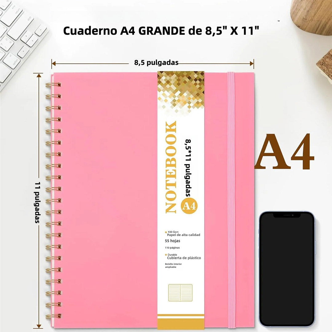 Cuaderno de Espiral A4 – 8.5” x 11”, Tapa Dura Plástica, 100 GSM, 110 Páginas, Regla Extraíble, Bolsillo Expandible, Ideal para Notas, Escuela, Trabajo y Oficina – JC006