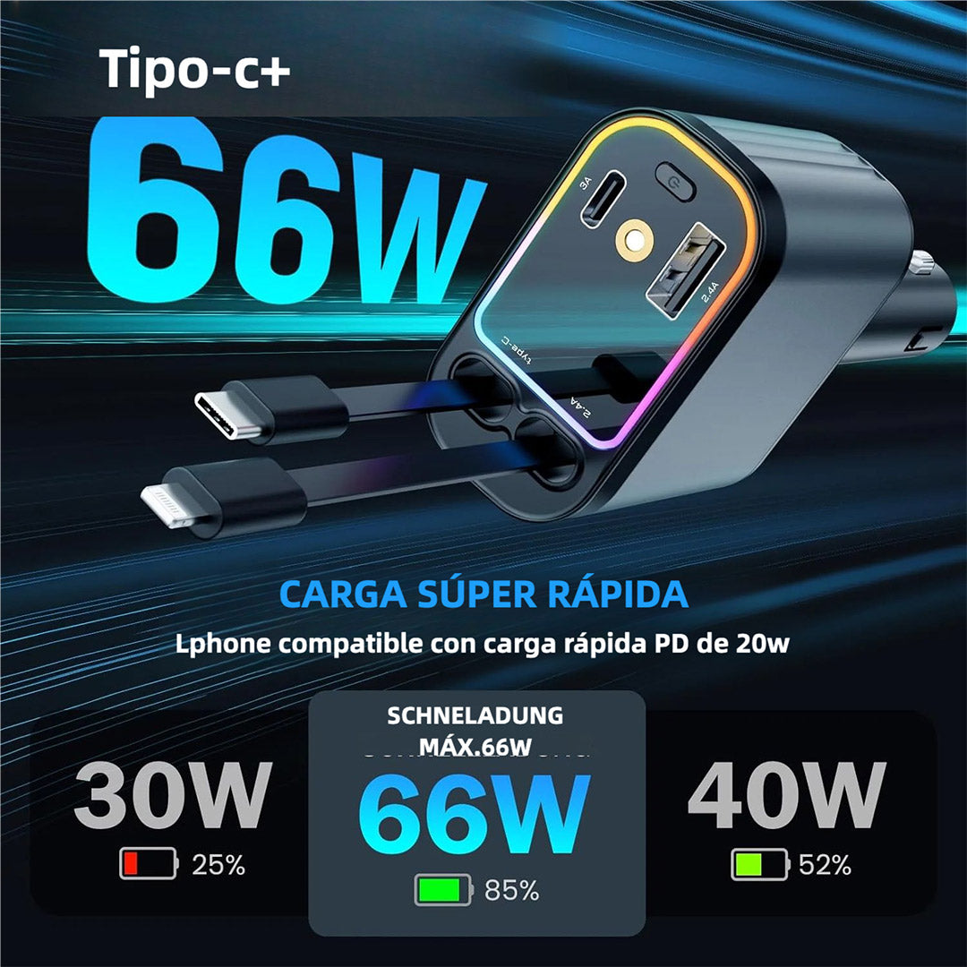 Cargador de Coche con Estrella, Cargador USB-C 66W para Automóvil, 4 en 1 con Cable Retráctil, 2 Puertos USB, Cargador para Teléfono de Coche - CI016