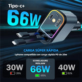 Cargador de Coche con Estrella, Cargador USB-C 66W para Automóvil, 4 en 1 con Cable Retráctil, 2 Puertos USB, Cargador para Teléfono de Coche - CI016