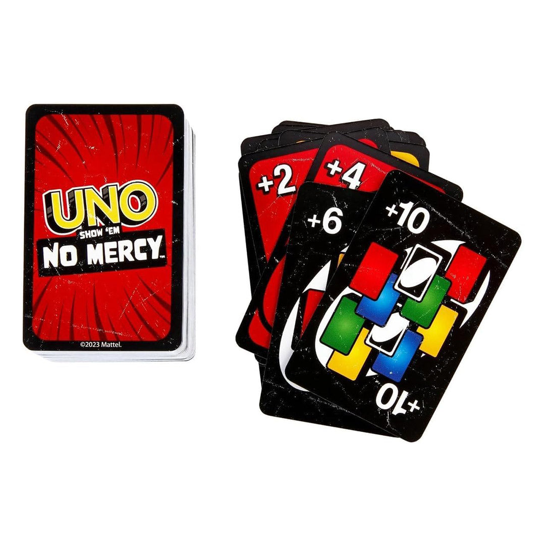 UNO Show 'em No Mercy – Edición Más Brutal del Clásico Juego de Cartas, Reglas Especiales y Cartas de Acción Extremas, Diversión para Niños y Adultos – JC001