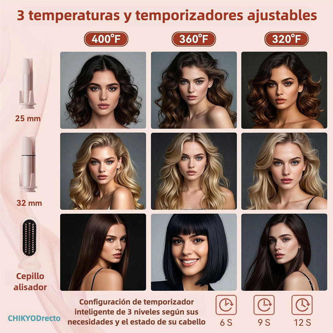 Herramienta Multifuncional 3 en 1, Rizador Automático con 2 Barriles de Cerámica (1", 1.25") y Cepillo Alisador, Plancha y Rizador de Cabello con 3 Temperaturas, Temporizador y 300000+ Iones Negativos SE006