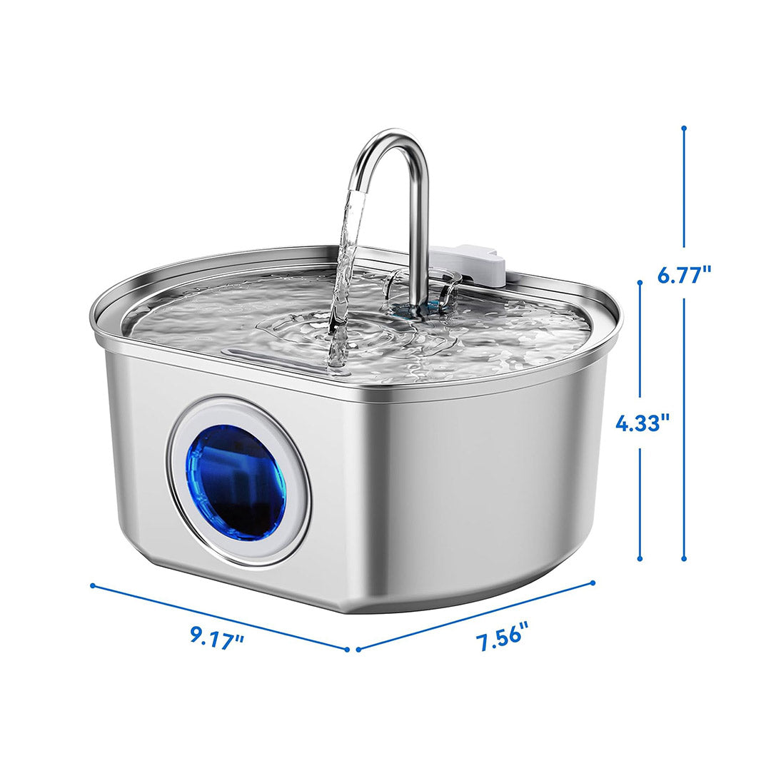 Fuente de Agua para Gatos de Acero Inoxidable – 3.2L/108oz con Filtro de 4 Capas, Bomba Silenciosa y Ventana de Nivel, Bebedero Automático para Mascotas – DM001