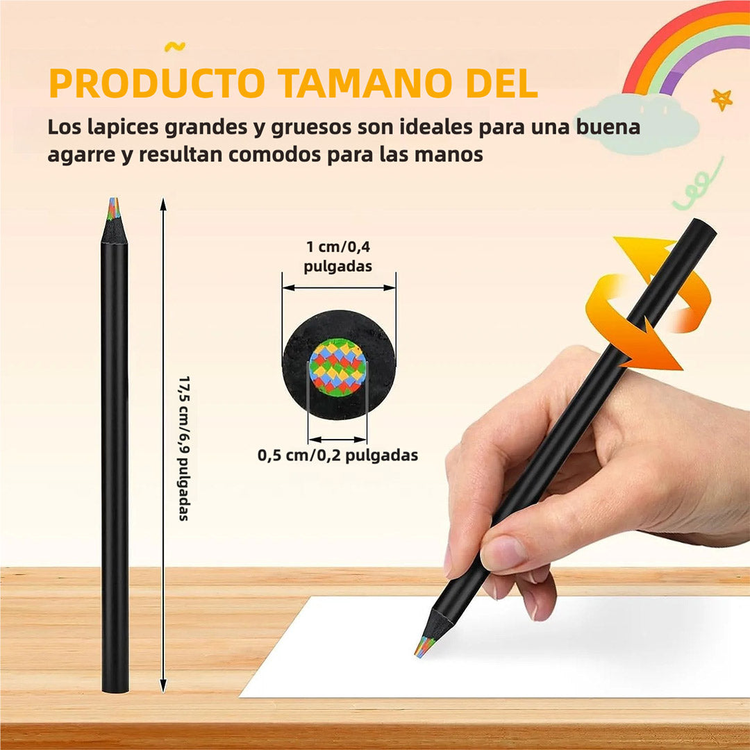 Set de 12 Lápices Arcoíris Negros – Lápices de Colores Profesionales Multicolores, Mina Gruesa y Duradera para Dibujo Artístico, Ideal para Adultos, Principiantes y Estudiantes – JC004