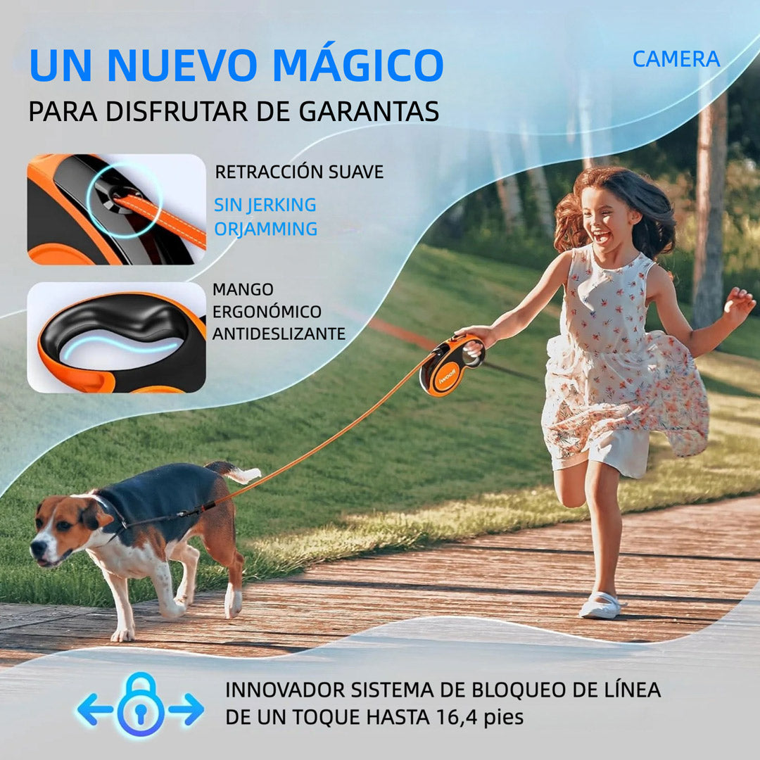 Correa Retráctil para Perros 5M Antienredos con Mango Antideslizante y Cinta Reflectante para Mascotas de Hasta 50kg - DM003