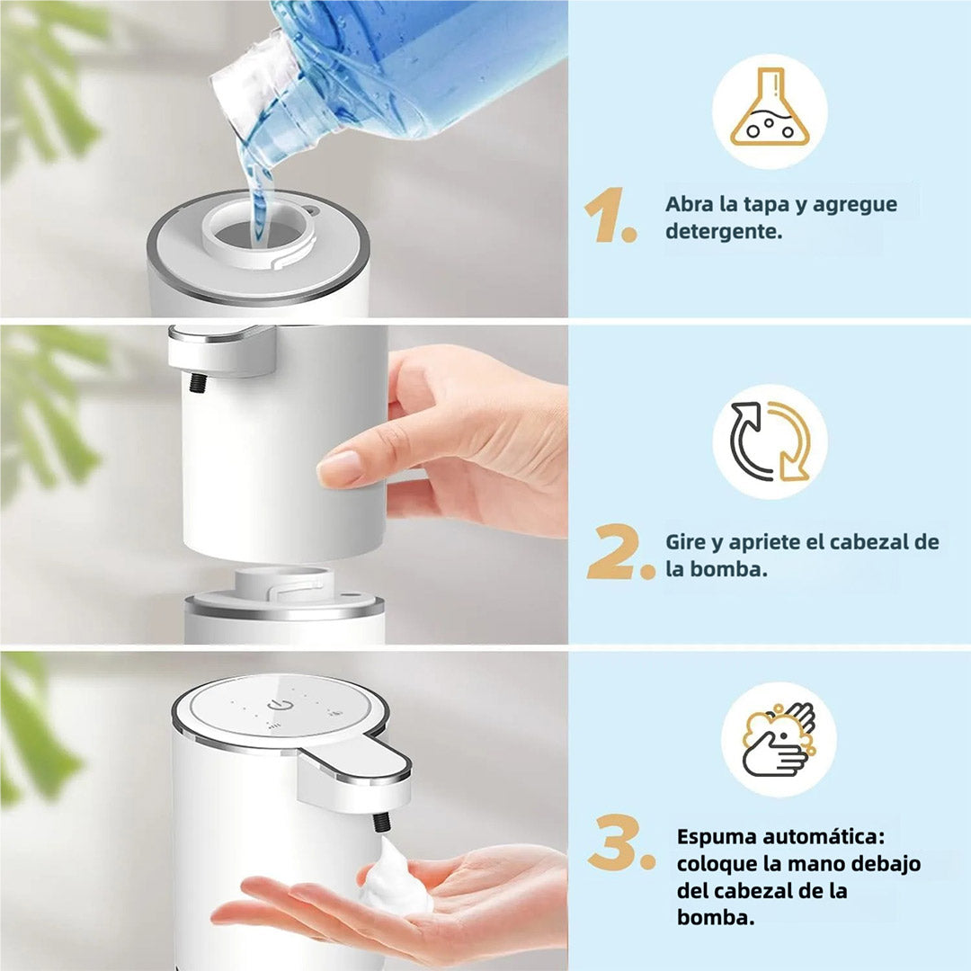 Dispensador Automático de Jabón – Dispensador de Jabón Espumoso Sin Contacto de 400ml, Recargable por USB, Montaje en Pared, 4 Niveles de Ajuste de Espuma para Baño y Cocina – AH007