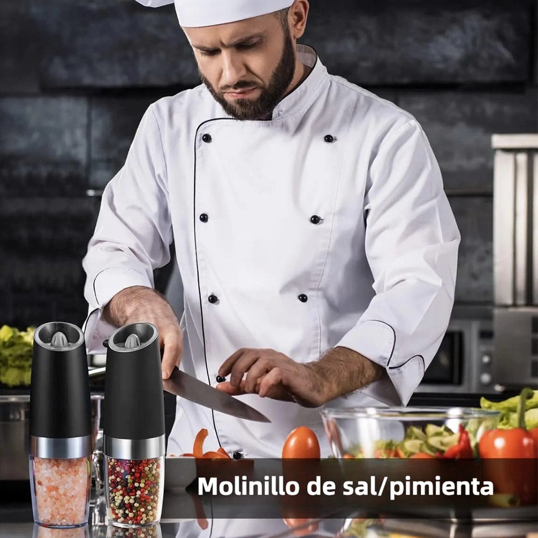 Molino Eléctrico de Sal y Pimienta con Ajuste de Grosor – Vibración Automática, LED y Operación con una Mano – Ideal para Cocina – EJ004