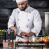 Molino Eléctrico de Sal y Pimienta con Ajuste de Grosor – Vibración Automática, LED y Operación con una Mano – Ideal para Cocina – EJ004