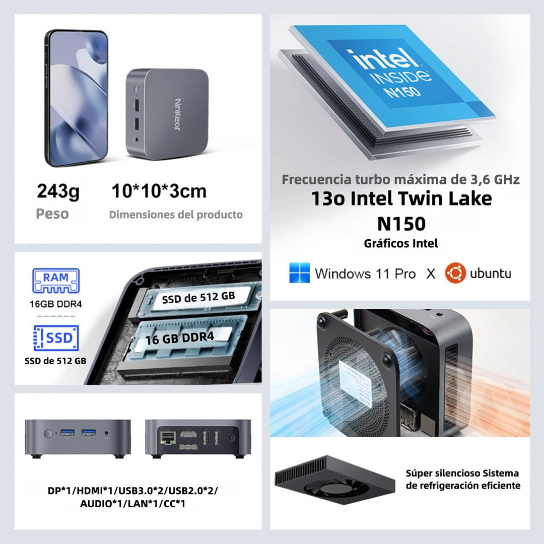 Ninkear Mini PC MBOX 11, Intel Twin Lake N150, 16GB RAM, 512GB SSD, Windows 11, Pantalla Doble 4K, WiFi 5, Bluetooth 5.0