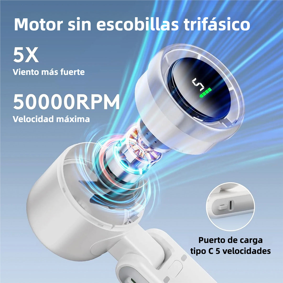 Ventilador de Mano Turbo Portátil 5 Velocidades, 12H Duración - Tecnología Air Turbo para Exteriores, Viajes y Oficina - VM001