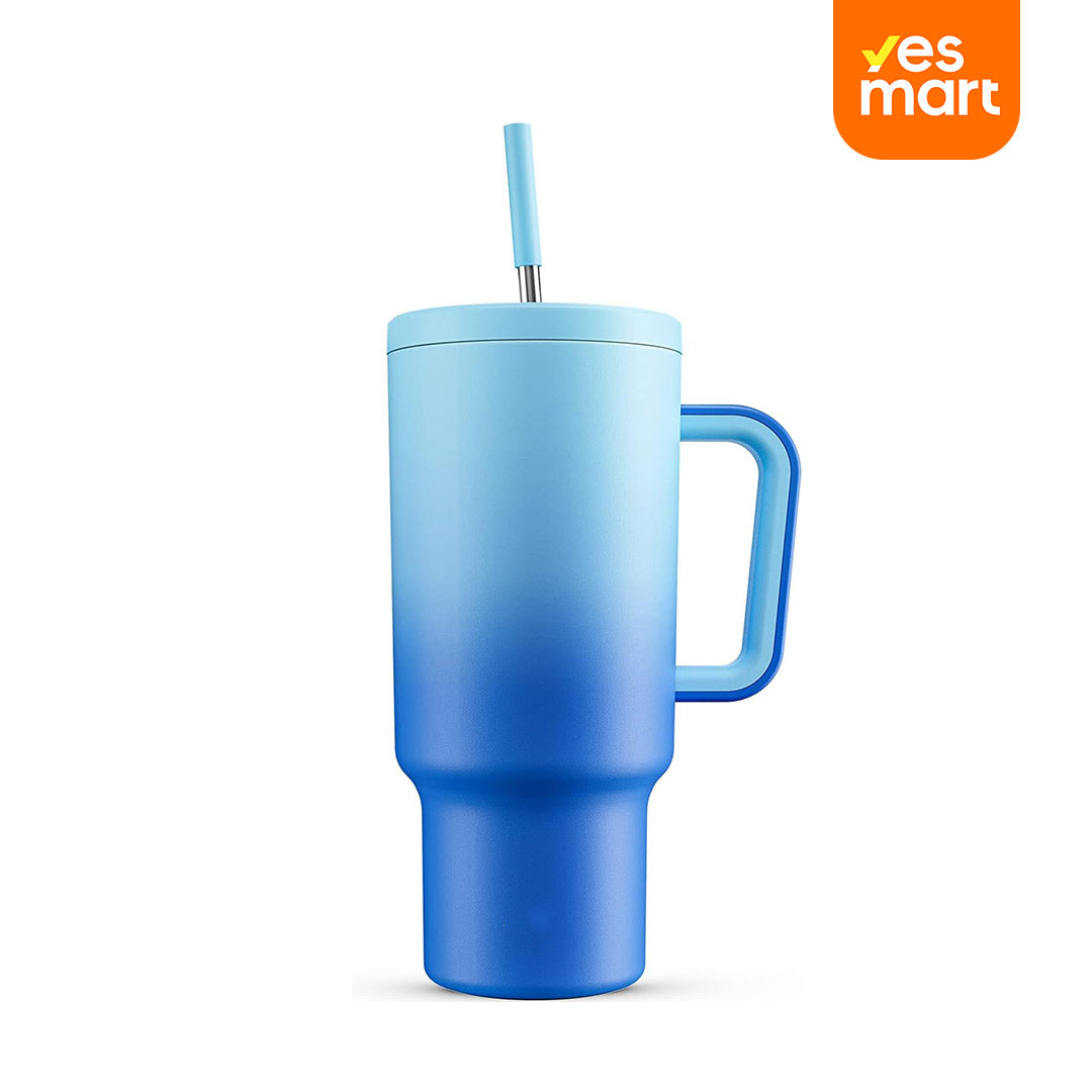 Vaso Térmico de 40oz con Asa, Tapa Antiderrames y Popote, Taza de Café de Acero Inoxidable para Viajes, Mantiene Bebidas Frías por 34 Horas y Calientes por 10 Horas AH014
