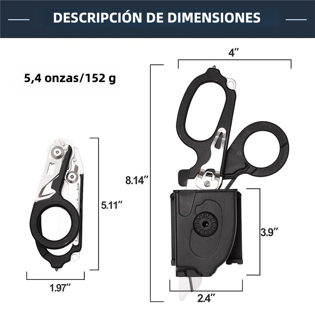 Tijeras de Emergencia 6 en 1 Plegables para Camping y Herramientas de Rescate con Cortador y Rompevidrios - Herramienta Multifuncional para Primeros Auxilios, Incluye Estuche de Piel - HM004