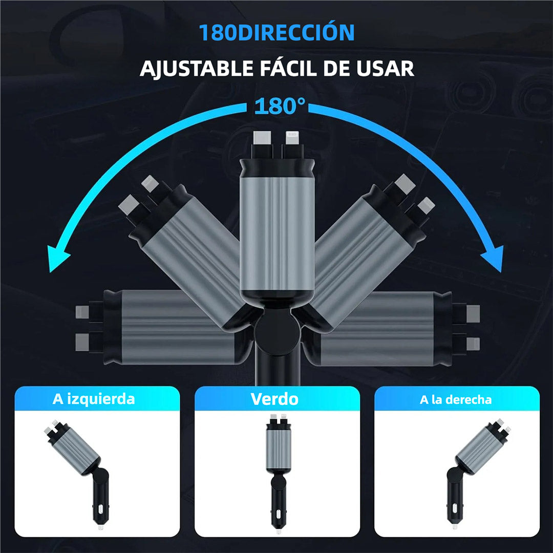 Cargador de Coche con Estrella, Cargador USB-C 66W para Automóvil, 4 en 1 con Cable Retráctil, 2 Puertos USB, Cargador para Teléfono de Coche - CI016