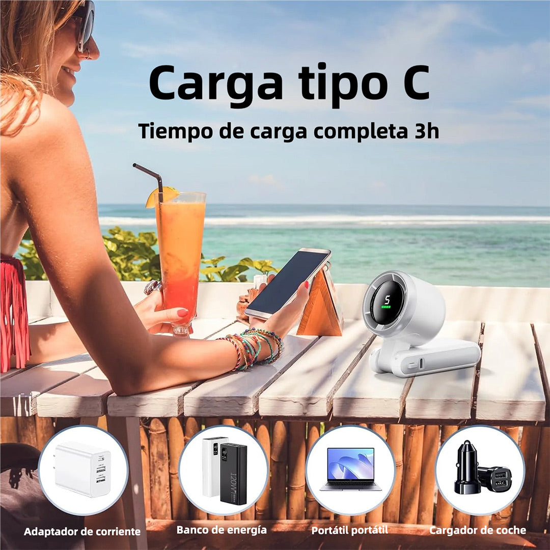 Ventilador de Mano Turbo Portátil 5 Velocidades, 12H Duración - Tecnología Air Turbo para Exteriores, Viajes y Oficina - VM001