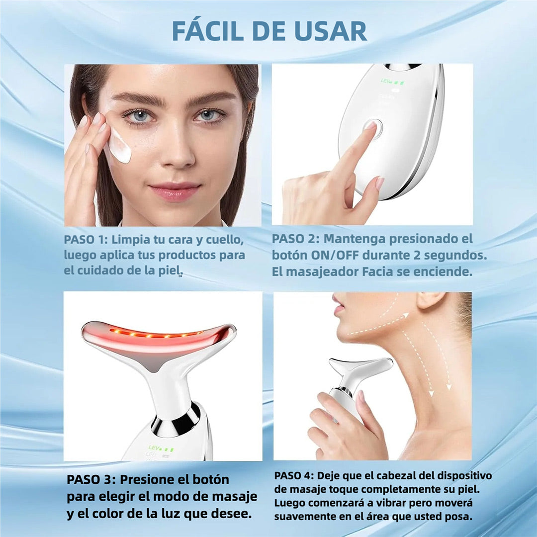 Masajeador Facial y de Cuello de 7 Colores con Tecnología de Vibración, Cepillo Facial Recargable para Cuidado de la Piel (Blanco) - MJ001