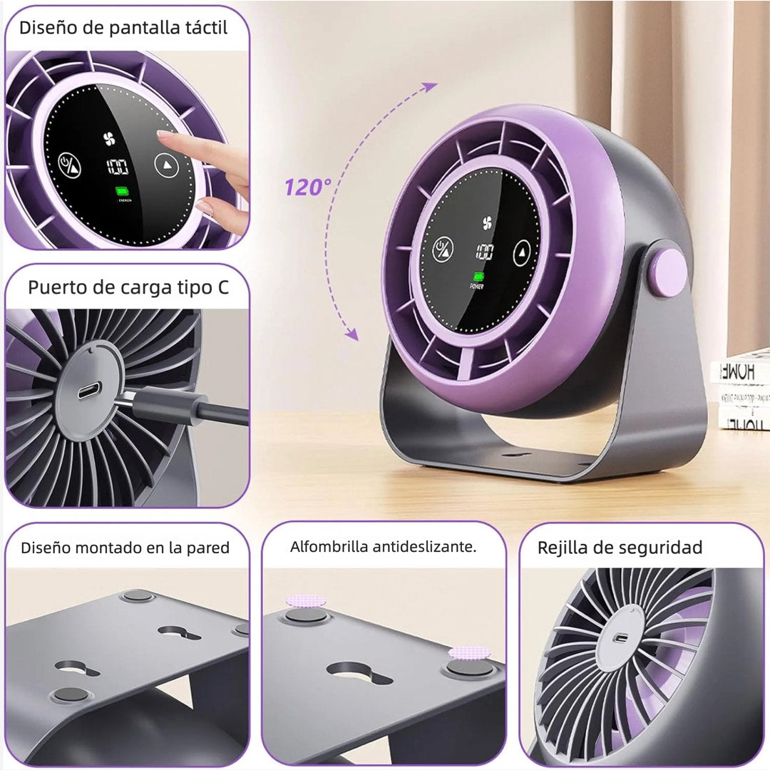 Ventilador USB de Escritorio Recargable con Pantalla LED, Ventilador Silencioso de 100 Velocidades, Montaje en Pared y Control Táctil, Ventilador Portátil para Oficina, Cocina, Viaje y Camping - VM005