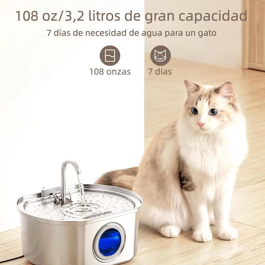 Fuente de Agua para Gatos de Acero Inoxidable – 3.2L/108oz con Filtro de 4 Capas, Bomba Silenciosa y Ventana de Nivel, Bebedero Automático para Mascotas – DM001