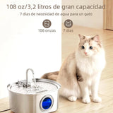 Fuente de Agua para Gatos de Acero Inoxidable – 3.2L/108oz con Filtro de 4 Capas, Bomba Silenciosa y Ventana de Nivel, Bebedero Automático para Mascotas – DM001