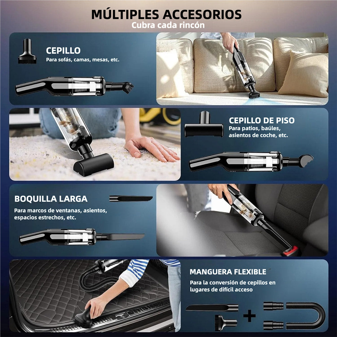 Aspiradora de Mano Inalámbrica – Potente Succión de 16,000Pa, Ultraligera 1.3lbs, Motor sin Escobillas, Batería Recargable, Múltiples Accesorios para Limpieza del Hogar, Oficina, Coche y Mascotas – AE005