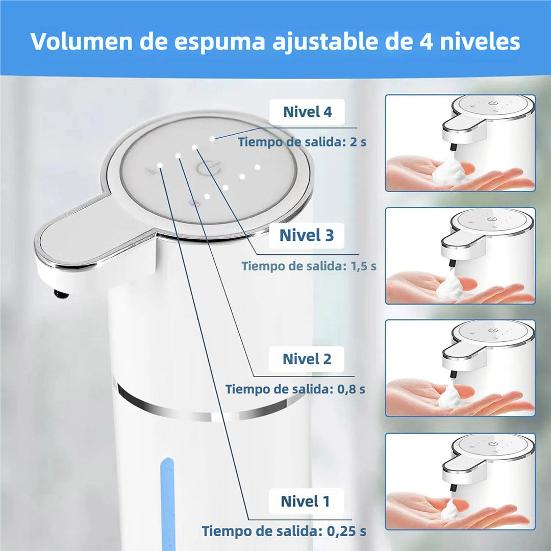 Dispensador Automático de Jabón – Dispensador de Jabón Espumoso Sin Contacto de 400ml, Recargable por USB, Montaje en Pared, 4 Niveles de Ajuste de Espuma para Baño y Cocina – AH007