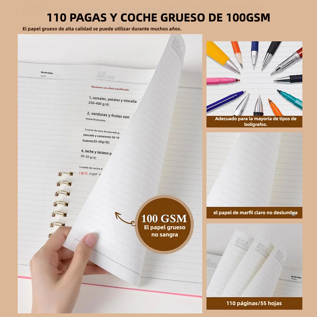 Cuaderno de Espiral A4 – 8.5” x 11”, Tapa Dura Plástica, 100 GSM, 110 Páginas, Regla Extraíble, Bolsillo Expandible, Ideal para Notas, Escuela, Trabajo y Oficina – JC006