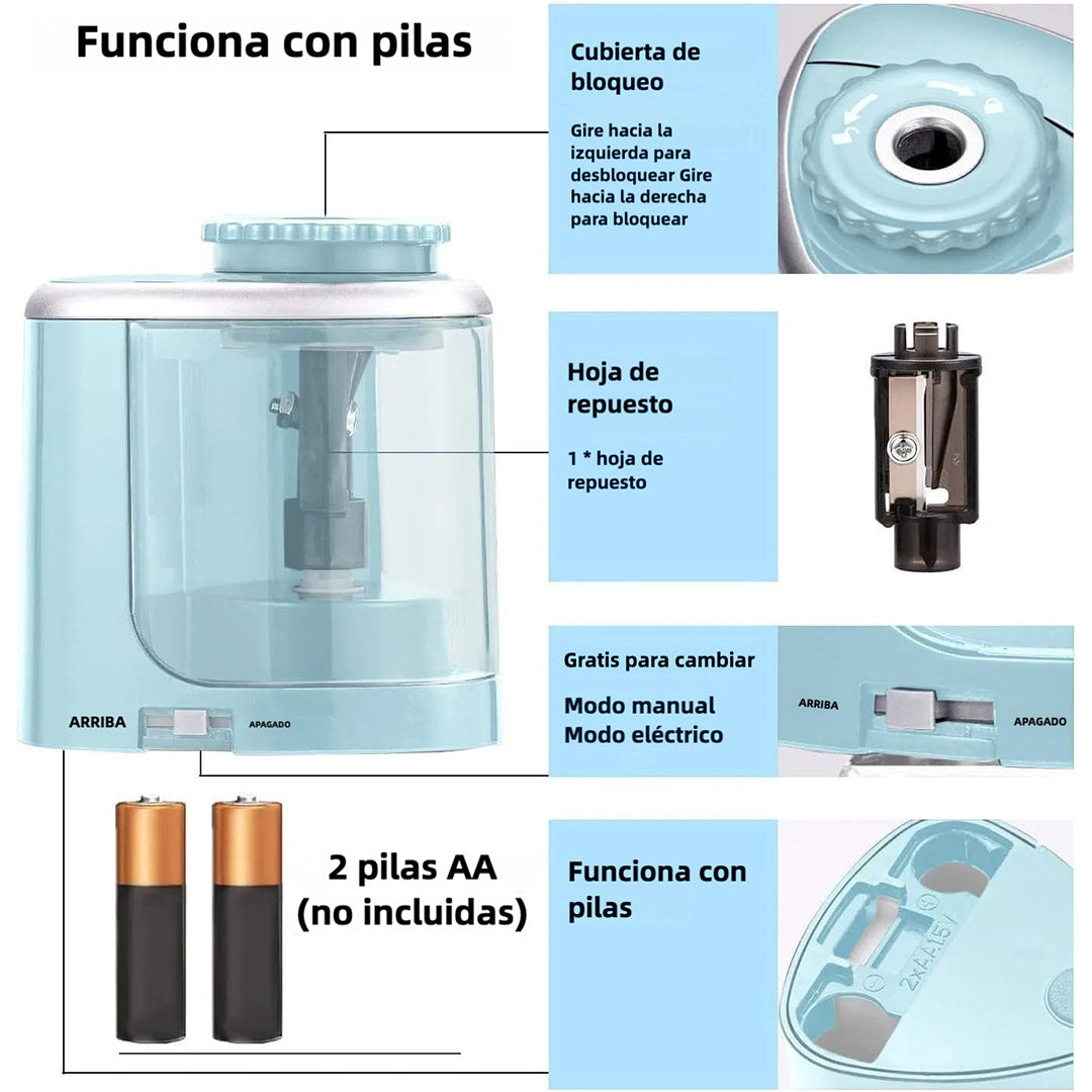 Sacapuntas Eléctrico – Afilado Rápido con Hoja Reemplazable, Doble Modo Manual y Automático, Funcionamiento a Pilas, Portátil para Escuela, Oficina y Hogar – JC005