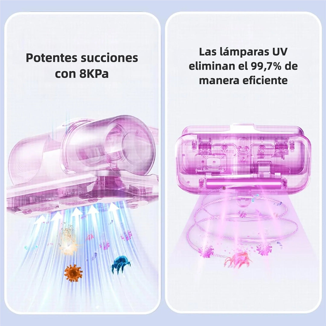 Aspiradora de Mano Inalámbrica para Cama - Limpieza Eficaz de Colchones, Sofás y Más, Con Succión Potente 8KPa, Filtro HEPA Lavable, Esterilización UV - AE003