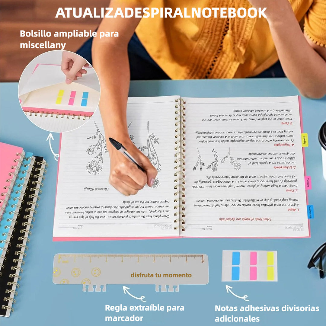 Cuaderno de Espiral A4 – 8.5” x 11”, Tapa Dura Plástica, 100 GSM, 110 Páginas, Regla Extraíble, Bolsillo Expandible, Ideal para Notas, Escuela, Trabajo y Oficina – JC006