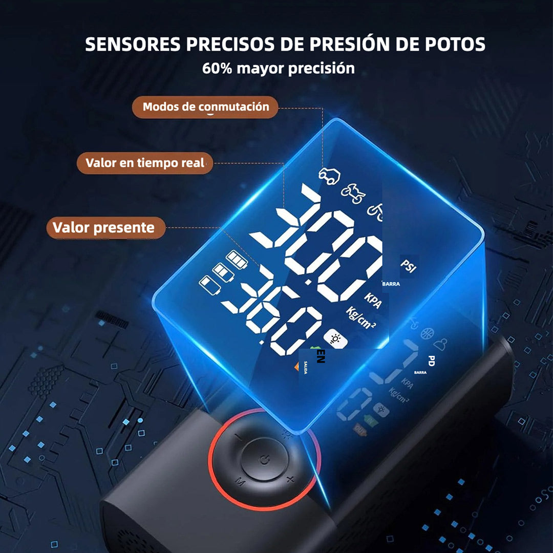 Compresor de Aire Portátil 150 PSI con Manómetro Digital, Inflador Rápido y Apagado Automático, 3X Más Rápido, para Neumáticos de Automóvil, Moto, Bicicleta y Pelotas - HE002