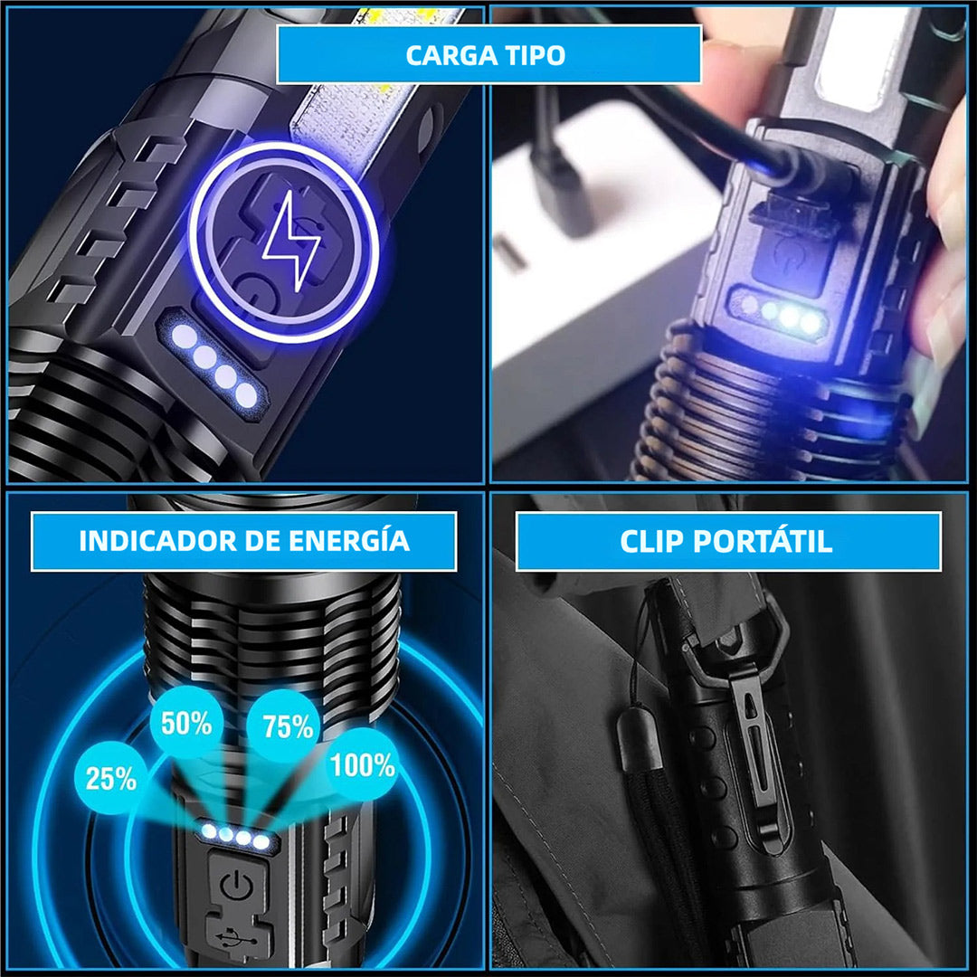 Linterna LED Táctica de Alta Potencia - Recargable USB, Impermeable IPX4, Ajuste de Zoom, 20,000 Lúmenes - HE003