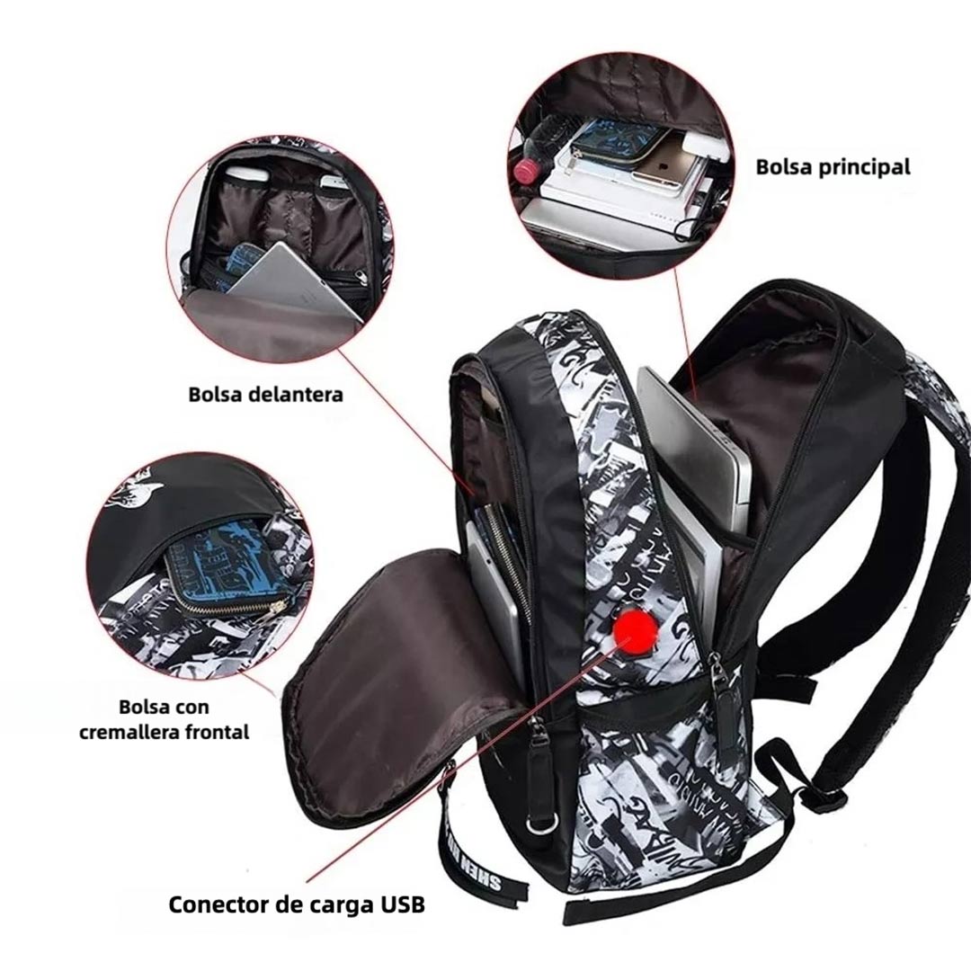 Mochila Escolar Asge para Niños – Mochila Juvenil con Estampado, Nylon de Gran Capacidad, Mochila Reflectante para Exterior y Escuela + Bolso Bandolera Adicional - AH009