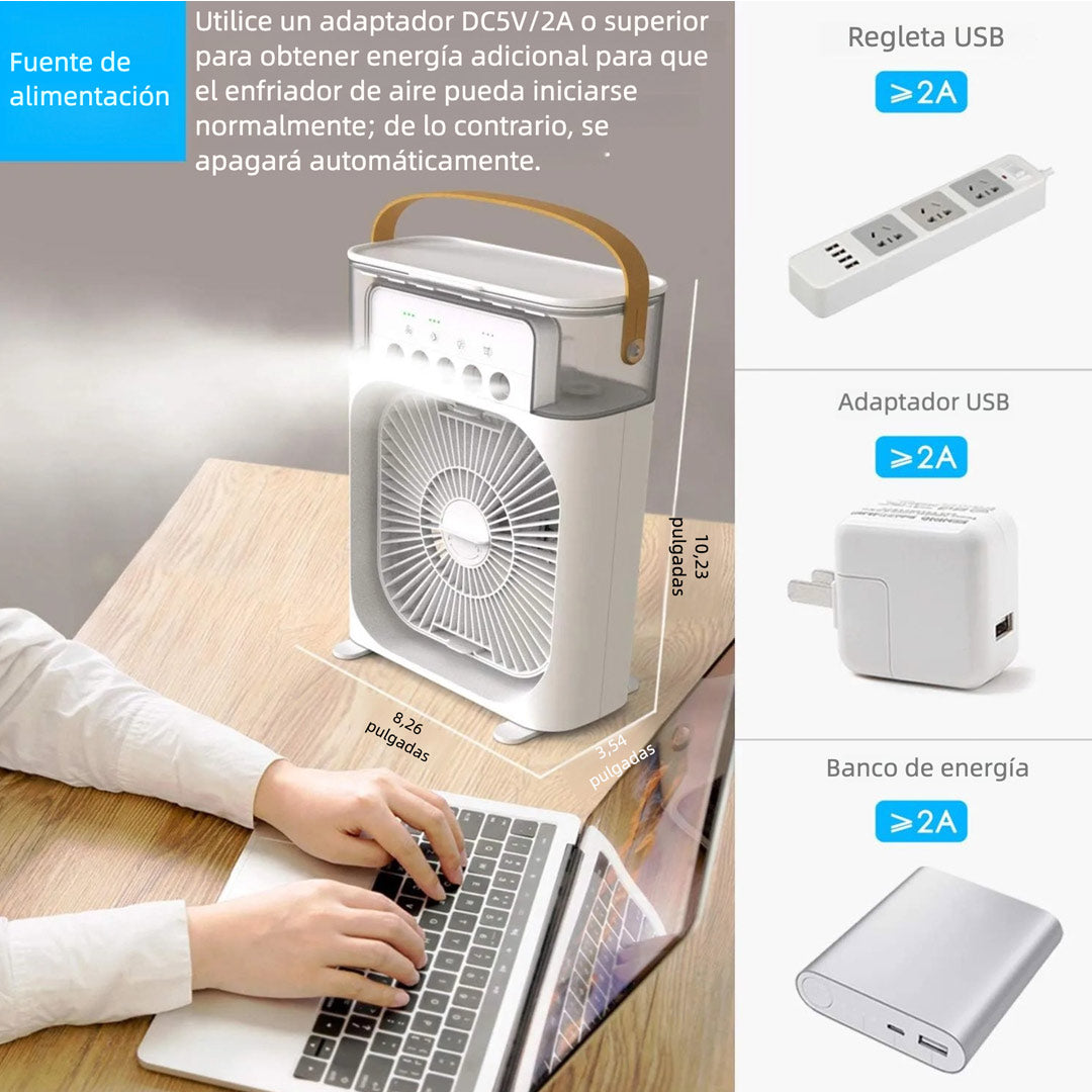 Ventilador de Aire Portátil con Enfriamiento por Evaporación – Mini Enfriador con 7 Luces LED, Temporizador y 3 Velocidades para Escritorio o Mesita - VM010