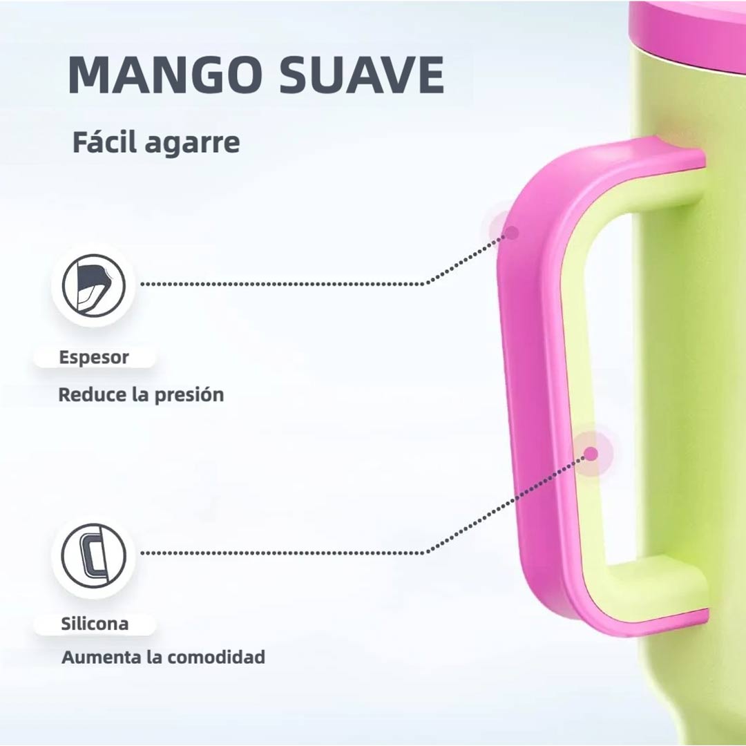 Vaso Térmico de 40oz con Asa, Tapa Antiderrames y Popote, Taza de Café de Acero Inoxidable para Viajes, Mantiene Bebidas Frías por 34 Horas y Calientes por 10 Horas AH014