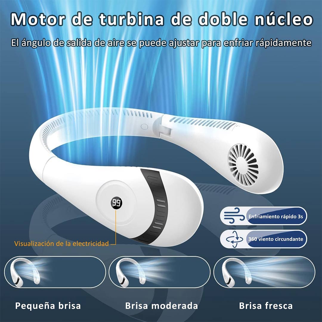 Ventilador de Cuello Portátil – Diseño Plegable, 3 Velocidades, Pantalla de Batería, 5000mAh Recargable, Uso en Interior y Exterior, Manos Libres y Ajustable – VM004