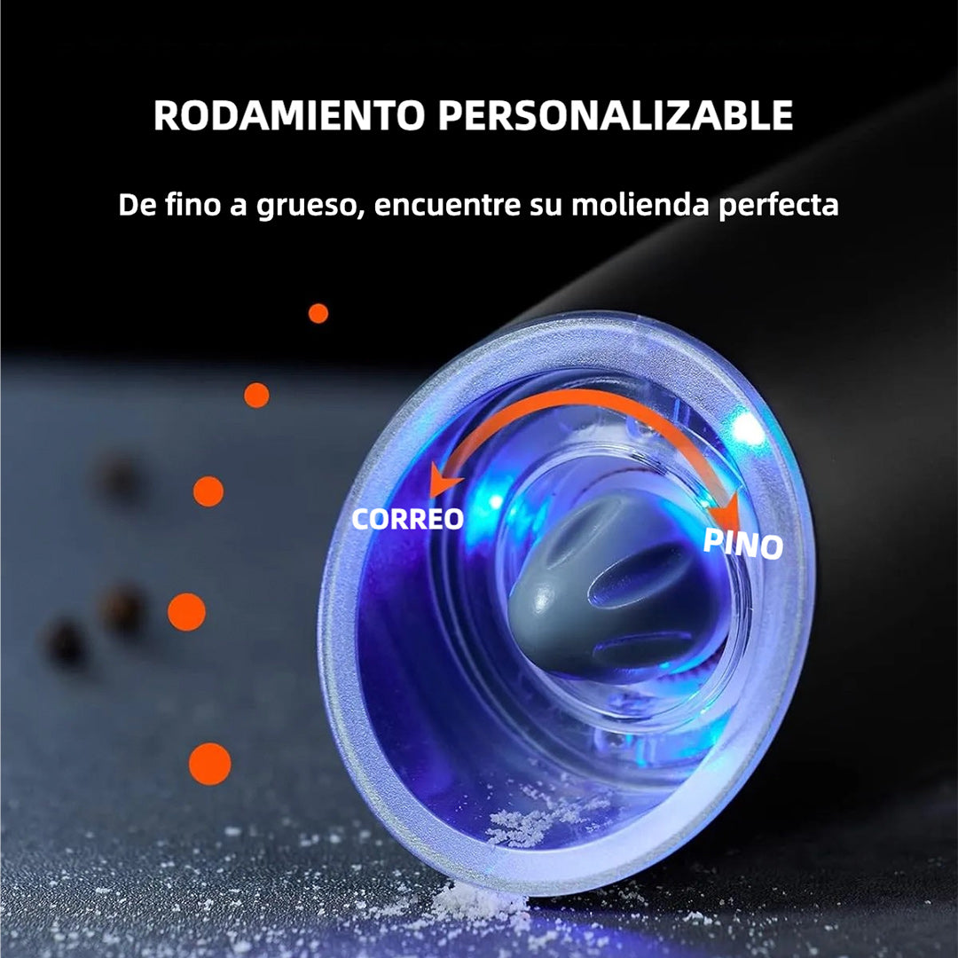 Molino Eléctrico de Sal y Pimienta con Ajuste de Grosor – Vibración Automática, LED y Operación con una Mano – Ideal para Cocina – EJ004