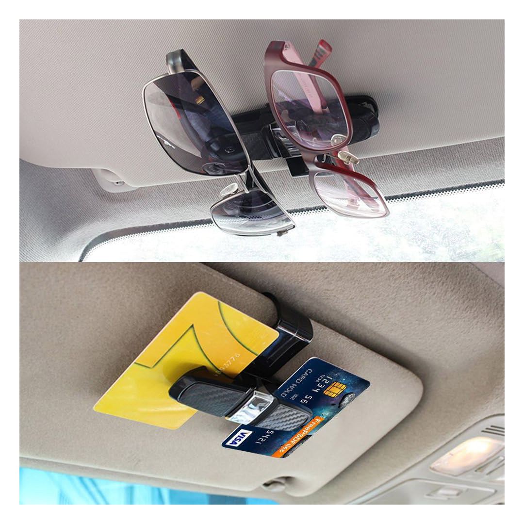Soporte para Gafas de Sol para Visera de Coche 2 Piezas con Clips y Estuche para Tarjetas - Soporte de Gafas de Sol y Gafas de Vista, Ajustable y Giratorio 180° - AH001