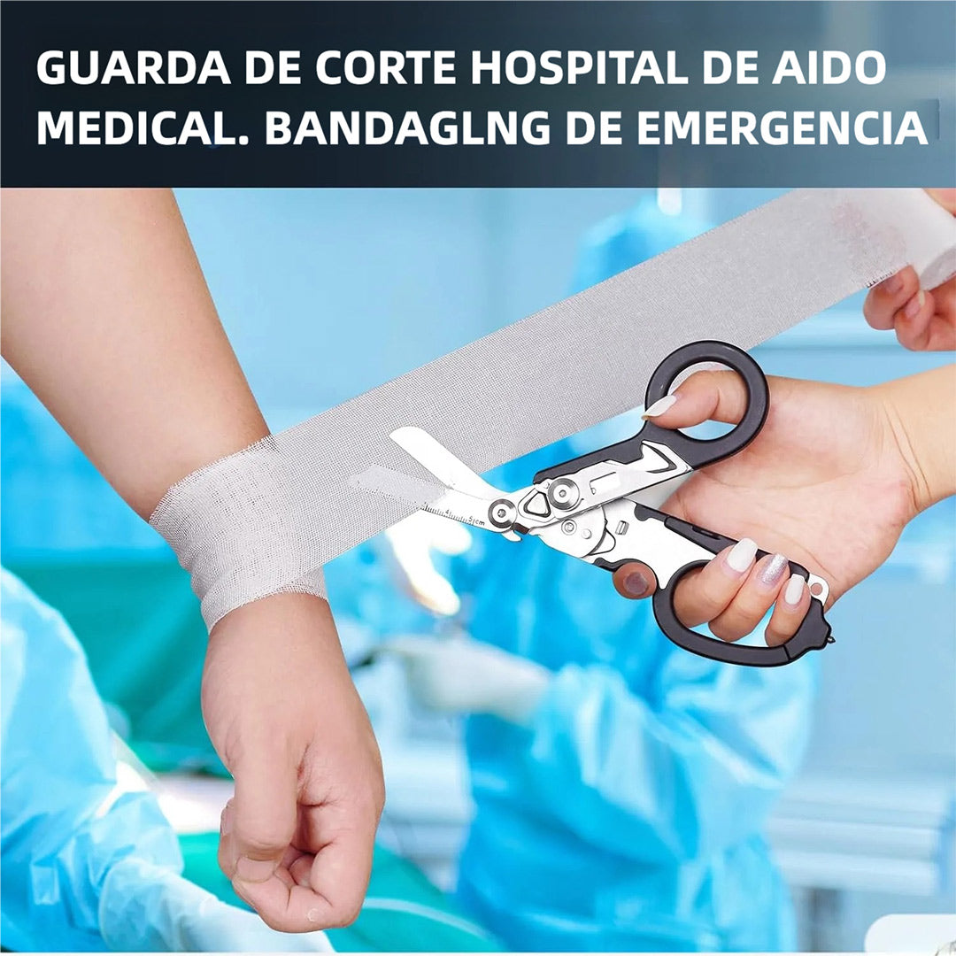 Tijeras de Emergencia 6 en 1 Plegables para Camping y Herramientas de Rescate con Cortador y Rompevidrios - Herramienta Multifuncional para Primeros Auxilios, Incluye Estuche de Piel - HM004