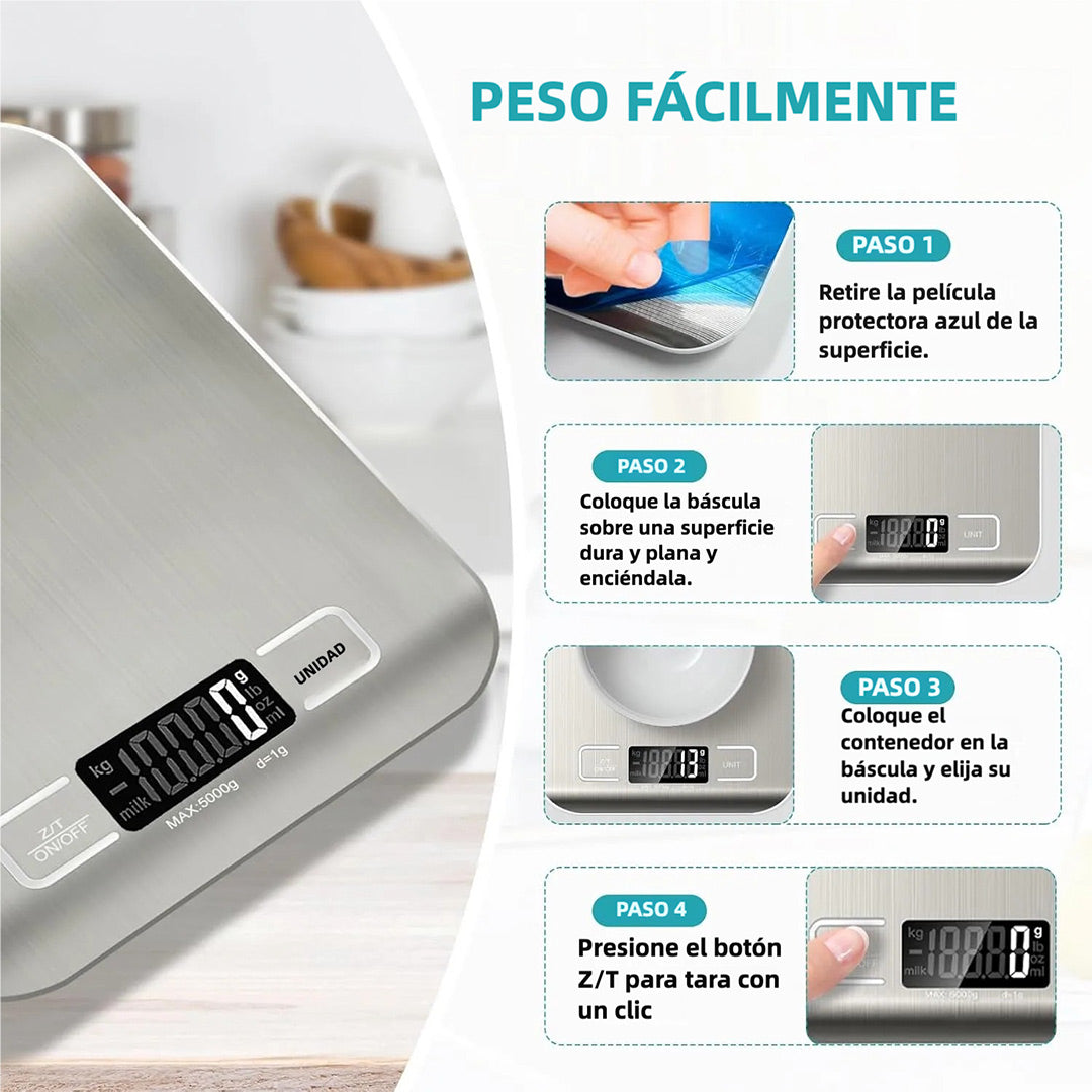 Báscula Digital de Cocina 10kg/22lb Blanca, Precisión 1g/0.04oz para Repostería, Cocina y Dieta, Superficie de Acero Inoxidable Fácil de Limpiar - EC001