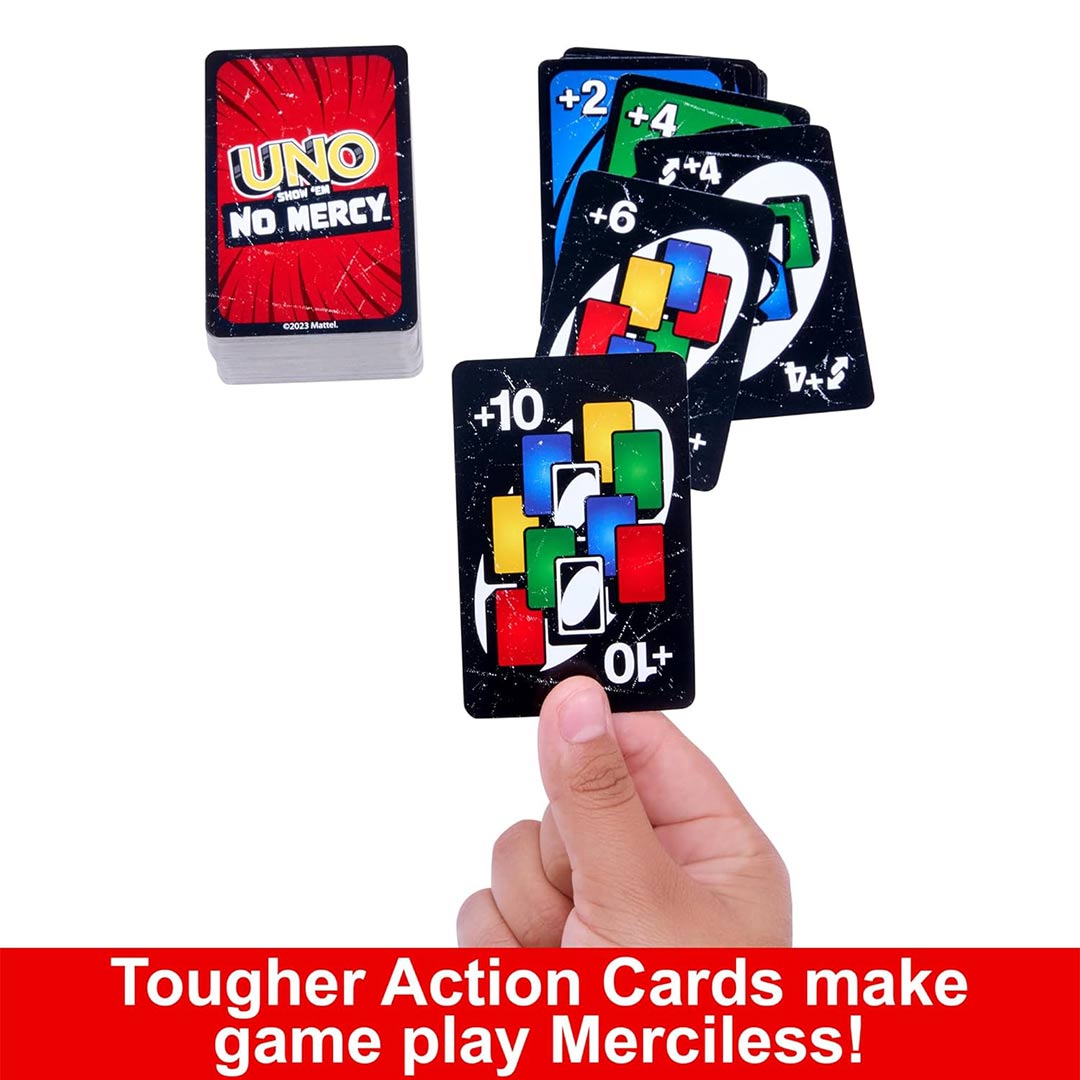 UNO Show 'em No Mercy – Edición Más Brutal del Clásico Juego de Cartas, Reglas Especiales y Cartas de Acción Extremas, Diversión para Niños y Adultos – JC001