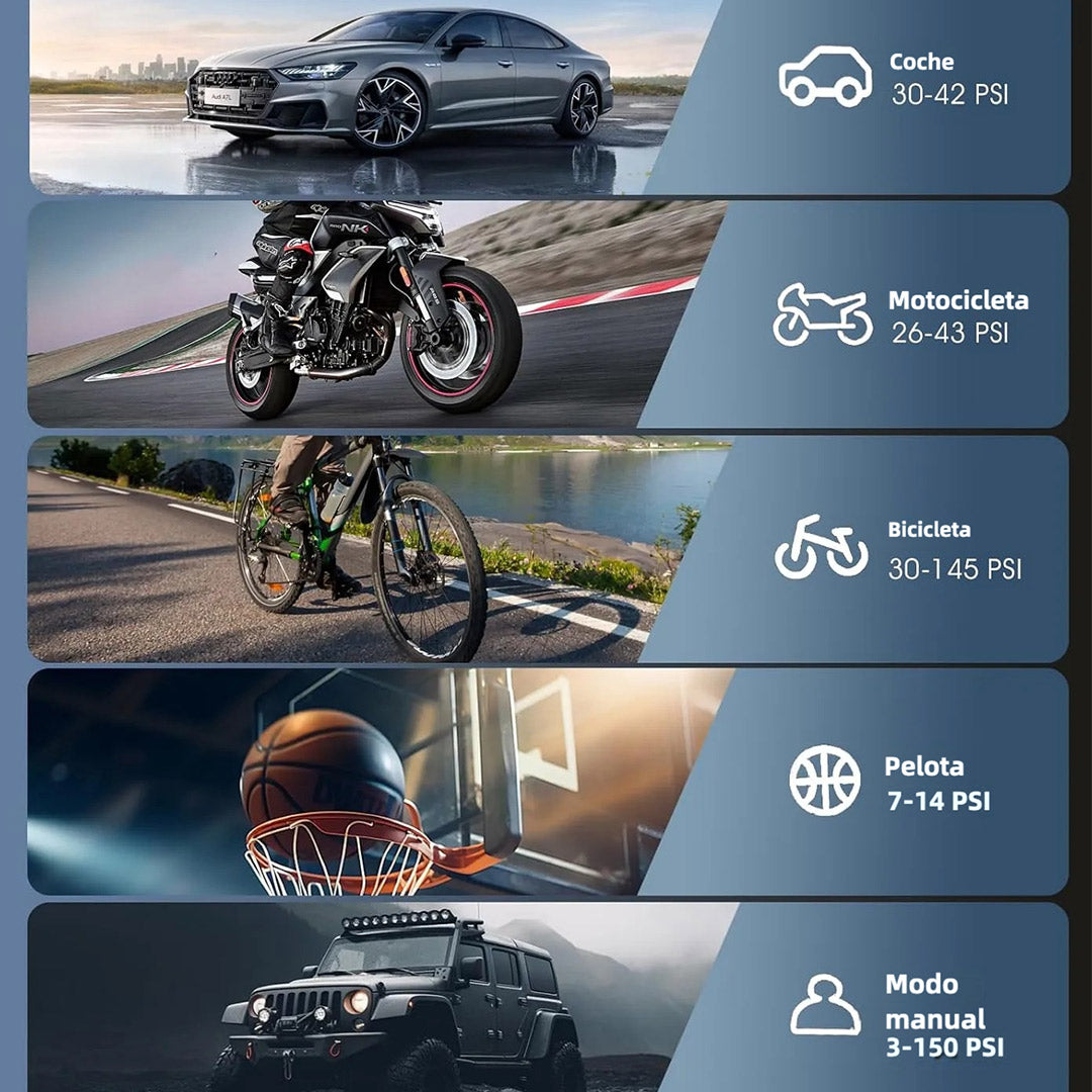 Compresor de Aire Portátil 150 PSI con Manómetro Digital, Inflador Rápido y Apagado Automático, 3X Más Rápido, para Neumáticos de Automóvil, Moto, Bicicleta y Pelotas - HE002
