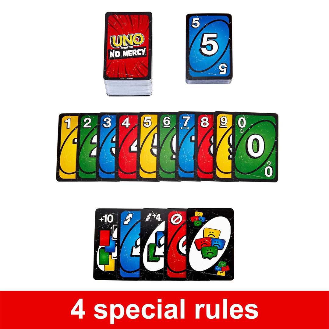 UNO Show 'em No Mercy – Edición Más Brutal del Clásico Juego de Cartas, Reglas Especiales y Cartas de Acción Extremas, Diversión para Niños y Adultos – JC001